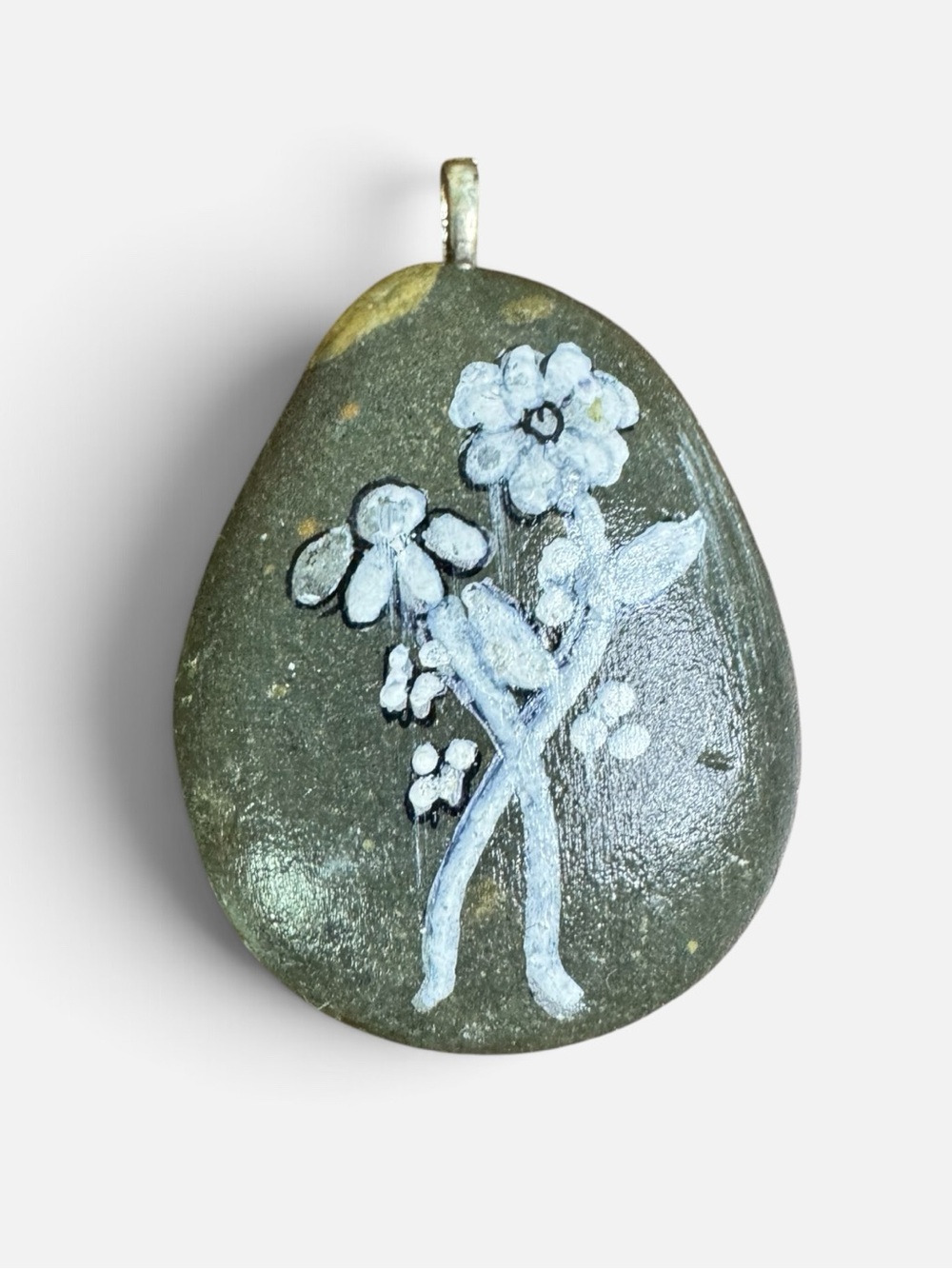 Hand Crafted Olive Green Stone Pendant with White Floral Art